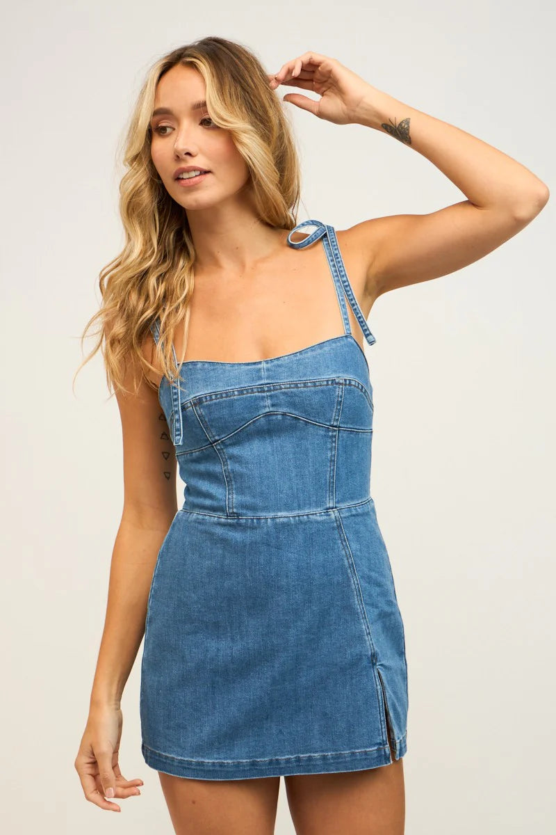 IRIS DENIM TIE STRAP MINI DRESS (BUILT IN SHORT) VOEMA IRIS DENIM TIE STRAP MINI DRESS (BUILT IN SHORT) VOEMA