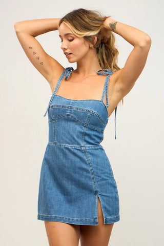 IRIS DENIM TIE STRAP MINI DRESS (BUILT IN SHORT)