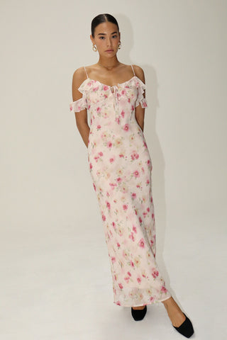 FINN FLORAL RUFFLE SHOULDER LONG DRESS