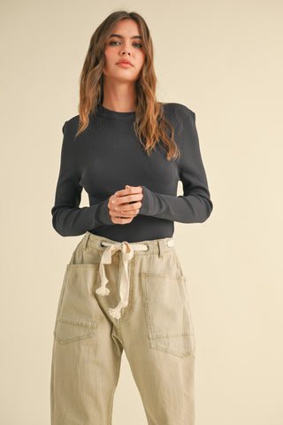 RYLEIGH RIBBED SLEEVE BASIC TOP - CHARCOL