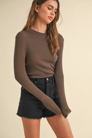 Ryleigh Ribbed Long Sleeve Basic Top - Coffee