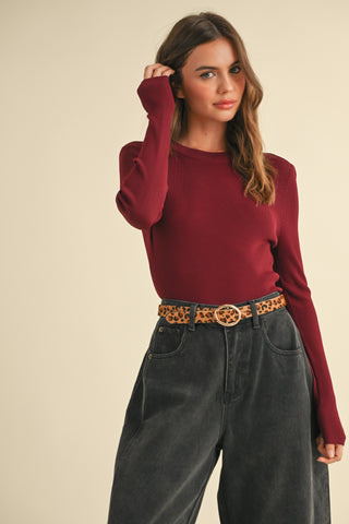 RYLEIGH RIBBED SLEEVE BASIC TOP - WINE