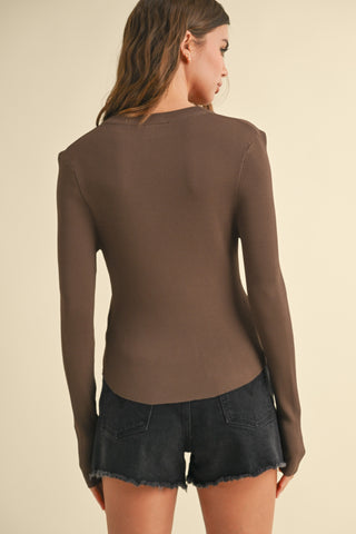 Ryleigh Ribbed Long Sleeve Basic Top - Coffee