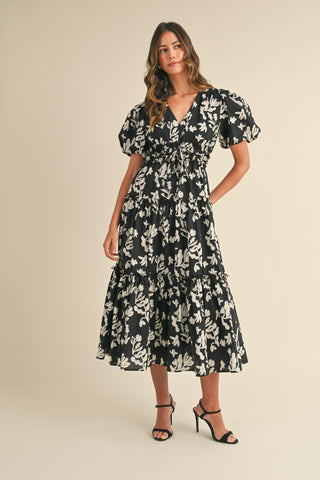 Night Floral Print Puff Sleeve Midi Dress