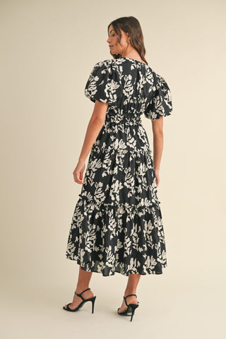 Night Floral Print Puff Sleeve Midi Dress