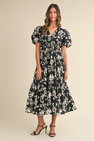 Night Floral Print Puff Sleeve Midi Dress