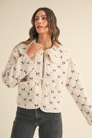 ESME PETER PAN BOW EMBROIDERED QUILTED SHERPA JACKET