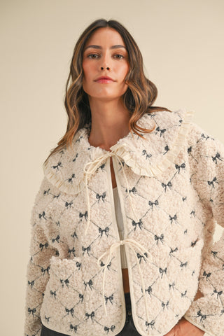 ESME PETER PAN BOW EMBROIDERED QUILTED SHERPA JACKET