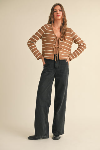 BRITT LONG SLEEVE KNITTED TIE FRONT - MOCHA & WHITE