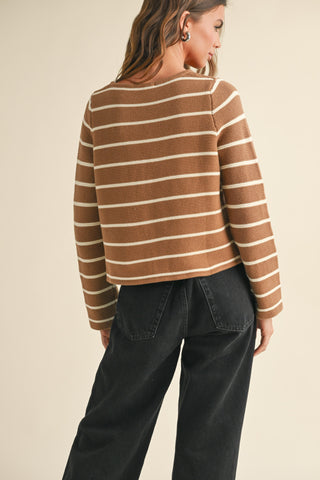 BRITT LONG SLEEVE KNITTED TIE FRONT - MOCHA & WHITE