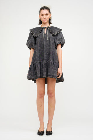 ZEBA DENIM COLLARED MINI DRESS WITH PUFF SLEEVES