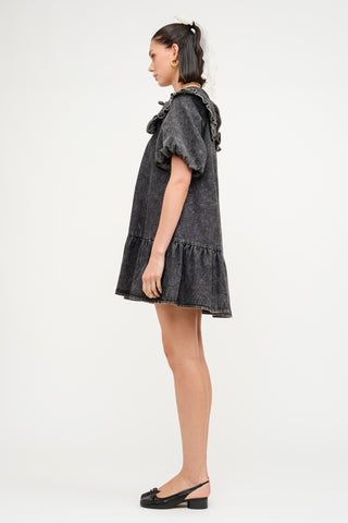 ZEBA DENIM COLLARED MINI DRESS WITH PUFF SLEEVES