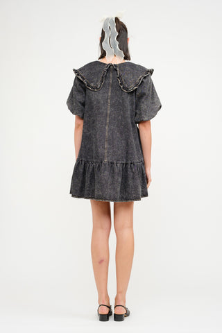 ZEBA DENIM COLLARED MINI DRESS WITH PUFF SLEEVES