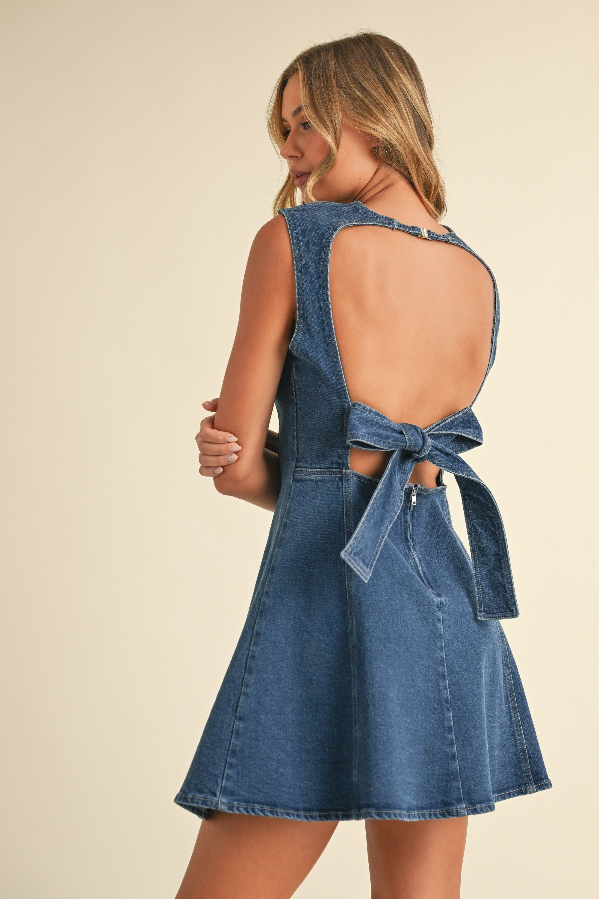 TILLY DENIM BACKLESS MINI DRESS - DARK DENIM TILLY DENIM BACKLESS MINI DRESS - DARK DENIM