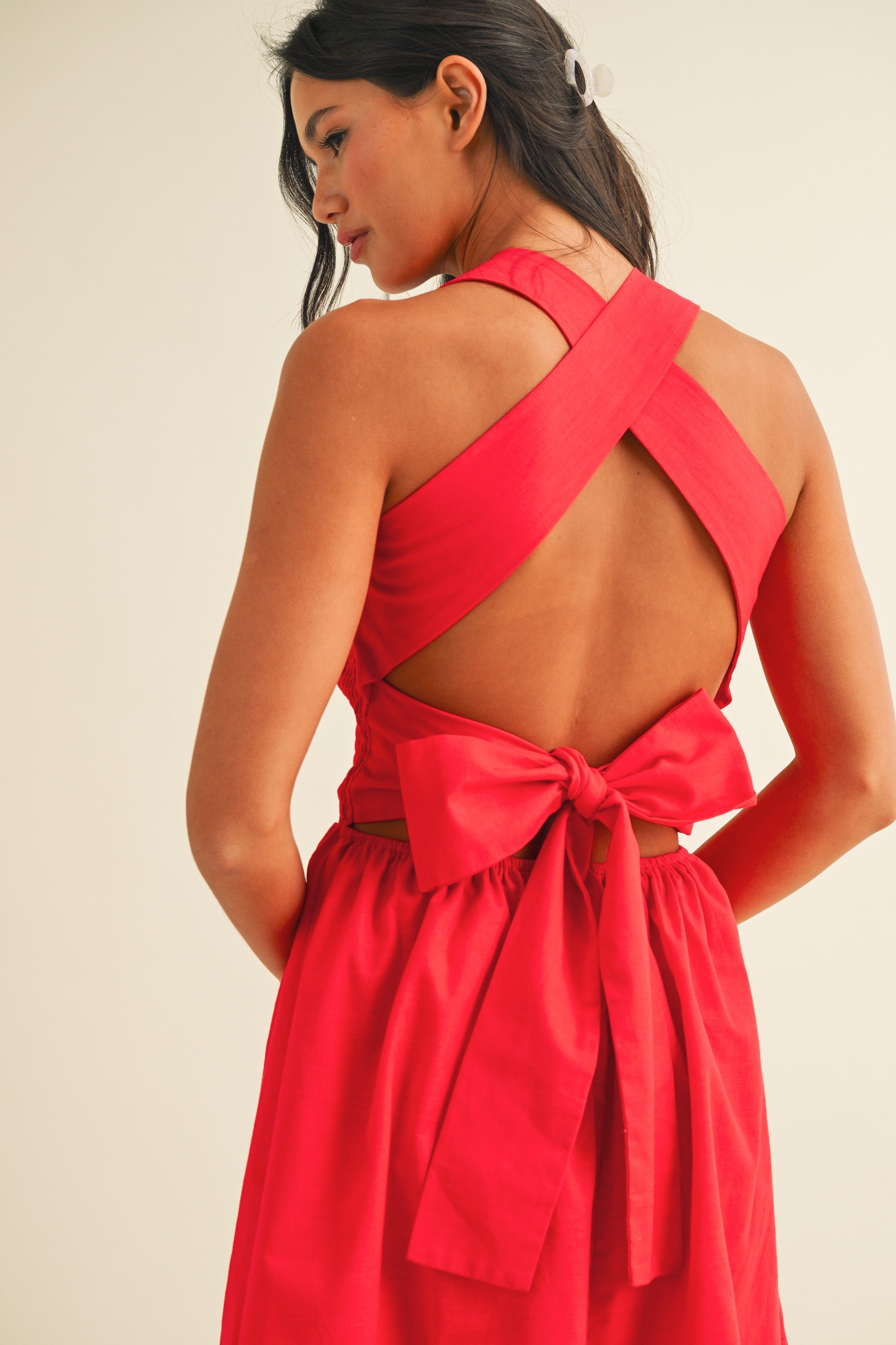 dylan mini dress red DYLAN MINI DRESS WITH TIED BAND AT THE BACK