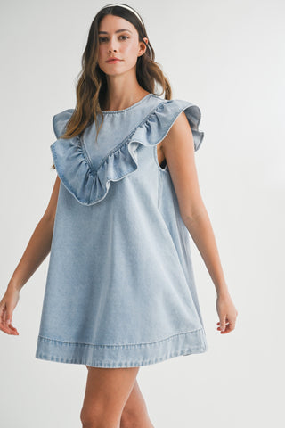 VALENTINE RUFFLED DETAIL DENIM MINI DRESS