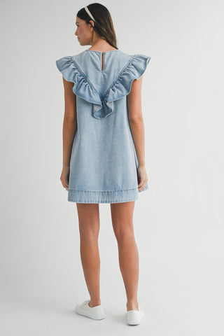 VALENTINE RUFFLED DETAIL DENIM MINI DRESS