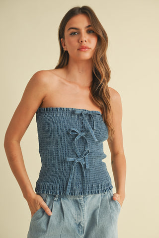 NINA DENIM FRONT BOW STRAPLESS TOP