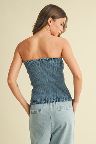 NINA DENIM FRONT BOW STRAPLESS TOP