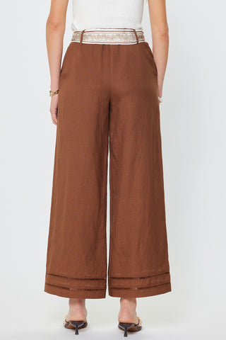 LENA HIGH RISE WIDE PANTS W/ SCARF WAIST BELT - BROWN