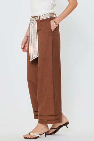 LENA HIGH RISE WIDE PANTS W/ SCARF WAIST BELT - BROWN