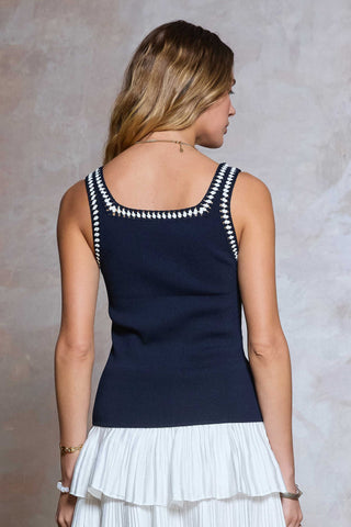ELARA TANK TOP W/HAND CROCHET DETAIL - NAVY