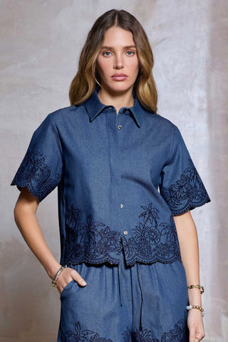 AMOURA DENIM EMBRO DETAIL BLOUSE