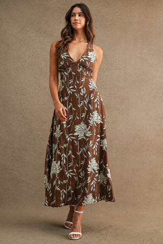 SPARTA V NECK MIDI DRESS - BROWN