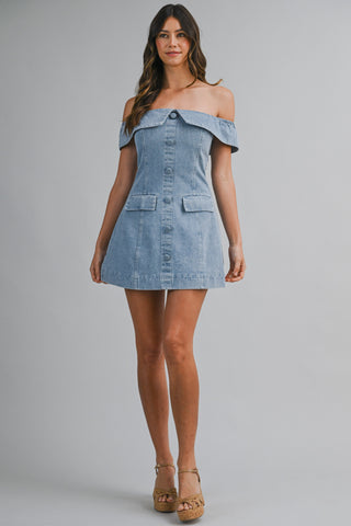 SAM DENIM OFF SHOULDER MINI DRESS