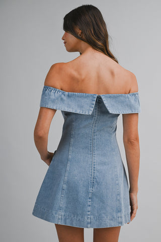 SAM DENIM OFF SHOULDER MINI DRESS