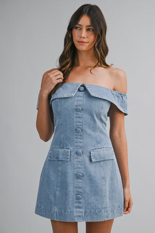 SAM DENIM OFF SHOULDER MINI DRESS