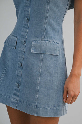 SAM DENIM OFF SHOULDER MINI DRESS