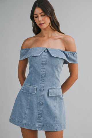 SAM DENIM OFF SHOULDER MINI DRESS