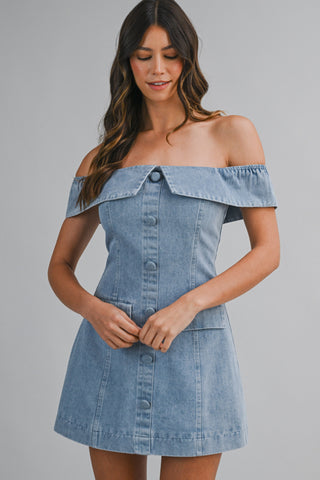 SAM DENIM OFF SHOULDER MINI DRESS