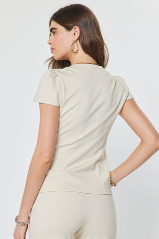 ELADIA ROUND NECK SHORT SLEEVE BUTTON UP SLIM FIT TOP