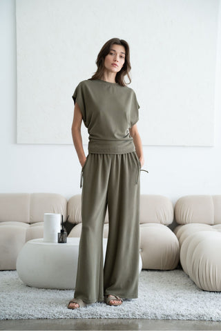 FLORENCE DOUBLE SIDE TIE WIDE LEG PANT - OLIVE GREEN