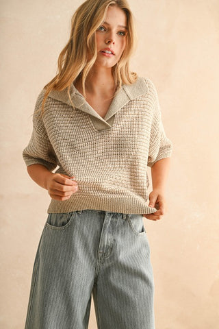 RIVER COLLARED KNITTED TOP - TAUPE/WHITE