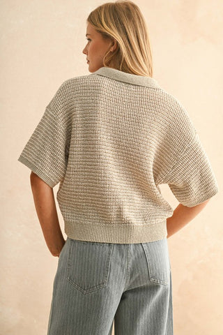 RIVER COLLARED KNITTED TOP - TAUPE/WHITE