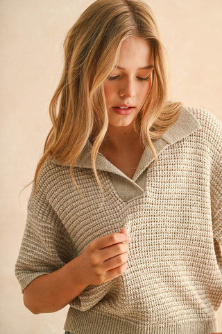 RIVER COLLARED KNITTED TOP - TAUPE/WHITE