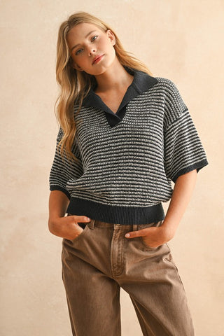 RIVER COLLARED KNITTED TOP - NAVY/GREY