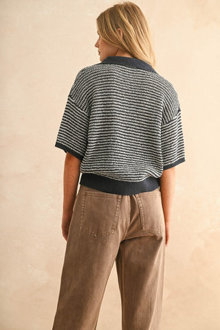 RIVER COLLARED KNITTED TOP - NAVY/GREY