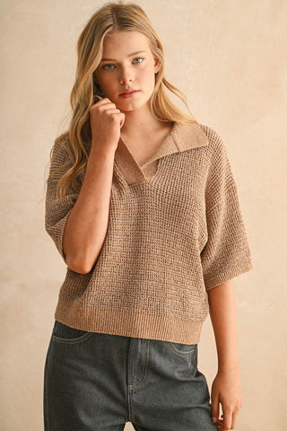 RIVER COLLARED KNITTED TOP - MOCHA/BROWN