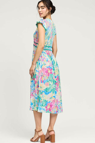 SAILOR V-NECK MIDI DRESS WITH PLEATED DETAIL