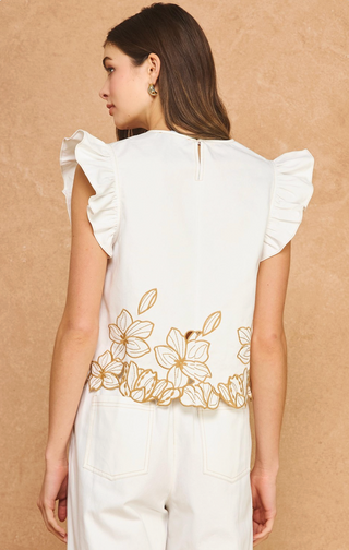 LEXI EMBROIDERY TWILL RUFFLE TOP