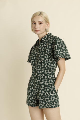 ERIKA PLEATED TWILL ROMPER - GREEN