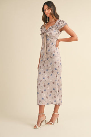 Jeda Silky Satin Floral Midi Dress