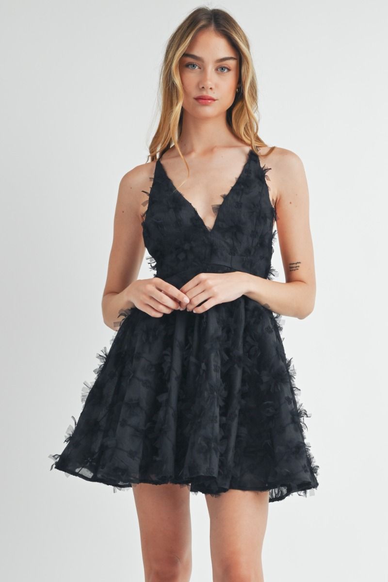 Viv 3D Floral Textured Mini Dress - Black VOEMA Viv 3D Floral Textured Mini Dress - Black VOEMA